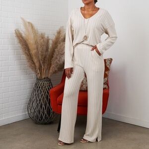 Alice Ribbed Knit Sweater V Neck Loungewear Two Piece Set - Oatmeal
